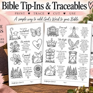 Puede incluir: Un conjunto de diseños imprimibles para Biblia con 40 ilustraciones únicas en cinco páginas. Los dibujos en blanco y negro incluyen un cordero, mariposa, faro, corona y escenas naturales con versículos bíblicos. Incluye una guía de uso.