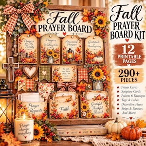 May include: A Fall Prayer Board kit featuring a wooden display board decorated with sunflowers, autumn leaves, and pumpkins. The kit includes 12 printable pages with 290+ pieces, including prayer cards, scripture cards, pockets, and labels.