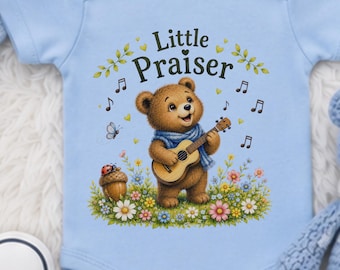 Body cristiano para bebé Little Praiser / Body de osito de peluche adorable para bebé / Ropa de bebé con temática religiosa / Regalo para baby shower / Body para bebé