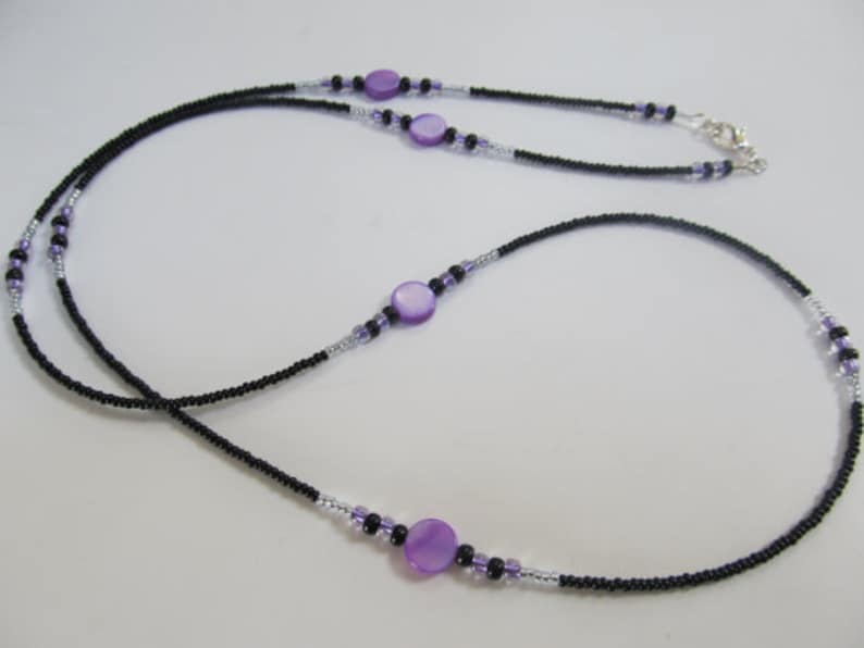 Purple Rain Sterling Silver Clasp Purple Mother of Pearl Shell and Black Single Strand Waist Beads High Quality Beading Wire