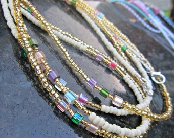 Glitzerland Waistbeads - Handmade Gold, Ivory, and Multi Color Double Strand Set or Necklace