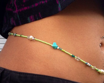 Seafoam Spray Waist Beads - Mint Green Luster Belly Beads, Real Turqouise (Gemstone) Chips - Single strand waistbeads, Sterling Silver Clasp