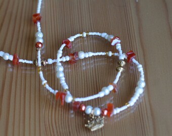 Queen's Island - White & Carnelian Waistbeads