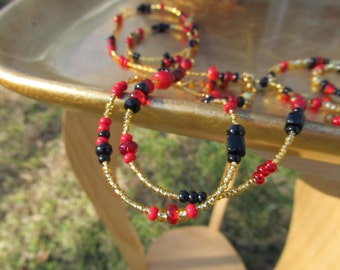 Majestic I Waistbeads - Red, Gold, and Black Waist Beads - Red Bamboo Coral and Black Jasper and Onyx