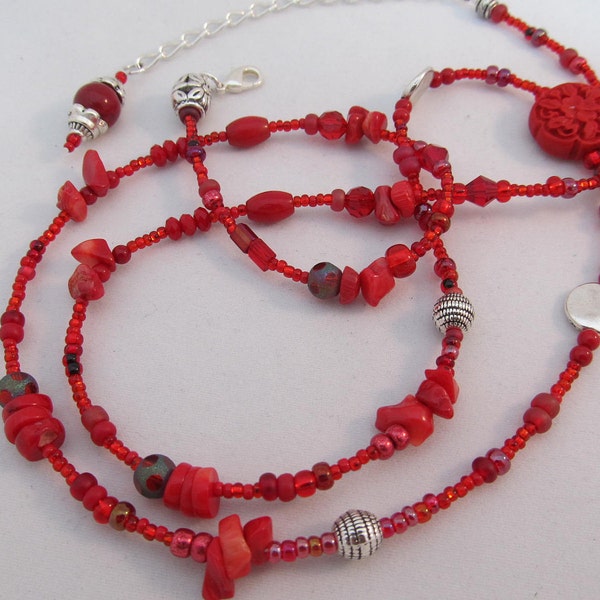 Red  Waist Beads with Cinnabar Bamboo Coral Twist - crimson crystals symbolizing passion, sterling silver clasp