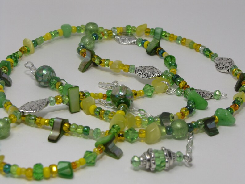 Waist Beads The Key West Green and Yellow featuring cats eye gemstone chips, healing properties image 4