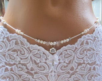 The Bride - Wedding Waist Beads - White Pearl with Flowers - Single Strand WaistBeads with Delicate Charm - Belly Beads