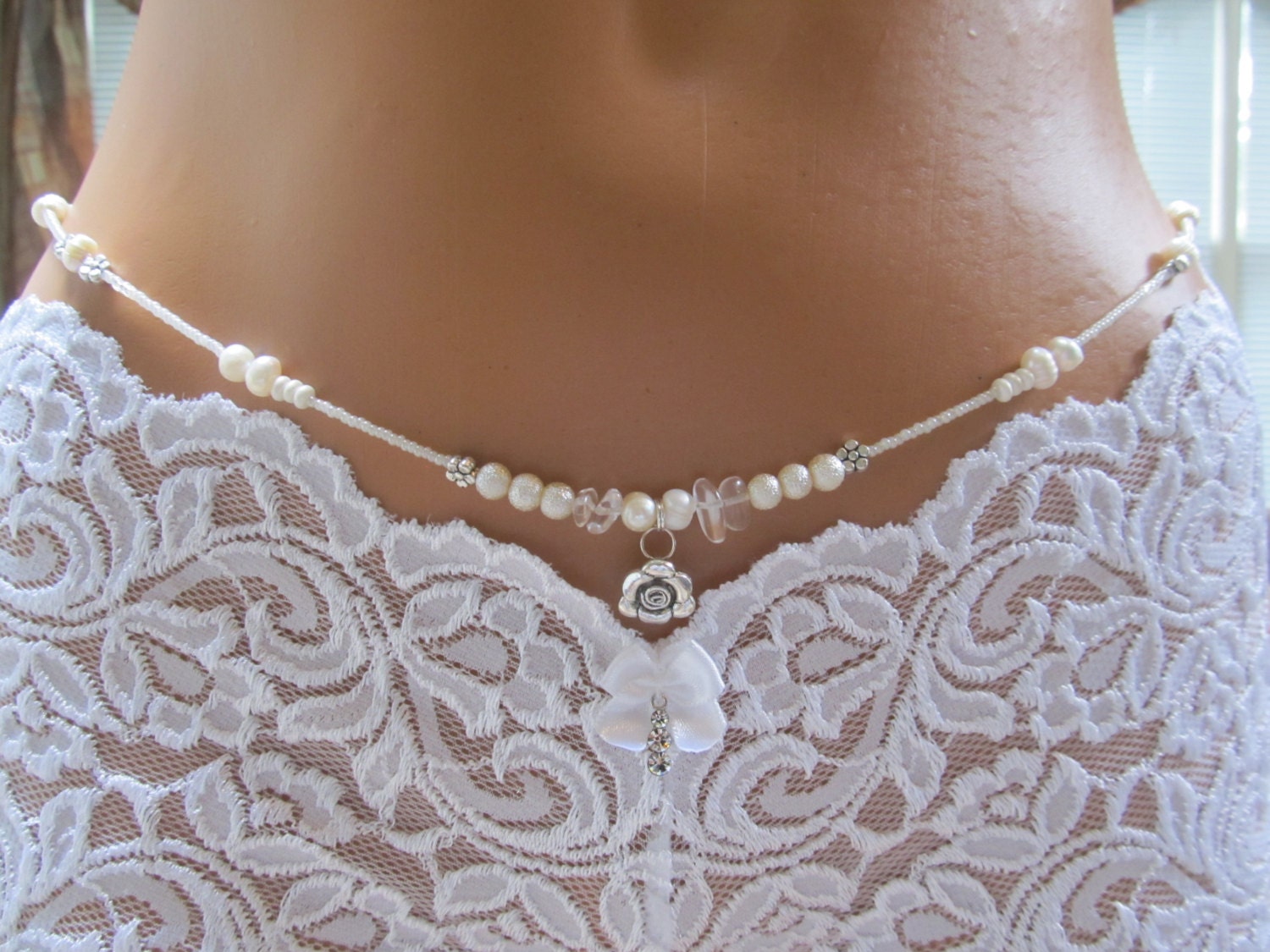 The Bride Wedding Waist Beads White Pearl With Flowers Single Strand Waistbeads With Delicate Charm Belly Beads Etsy