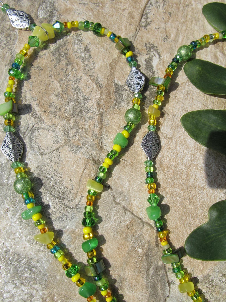 Waist Beads The Key West Green and Yellow featuring cats eye gemstone chips, healing properties image 1