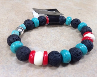 Men's Gemstone Bracelet - "Manila" - with Turquoise, Howlite, Black Lava, Bone, Red Bamboo Coral and an Antique Silver Bead