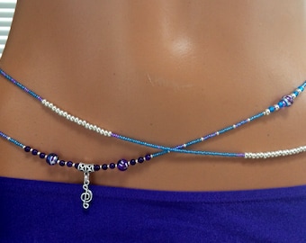 The "Jazz" Amethyst and Glass Double (2) Strand Waistbeads, Blue, Silver, Purple with Musical Note Charm, Sterling Silver Clasp, Belly Beads