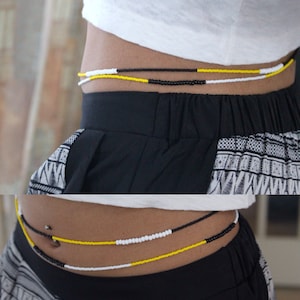 Malibu - Double Strand African Waistbeads, Black Yellow & White, Sterling Silver Clasp