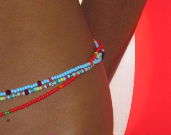 The Belize Reef- 3-Strand Waist Bead Set - Light Blue + Coral, Custom Fit, Sterling Silver Clasp