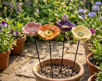 Ceramic Flower Garden Stakes 4-Piece Set | Bee Watering Station | Butterfly Puddler | Pollinator Garden Decor | Cottage Garden Gift