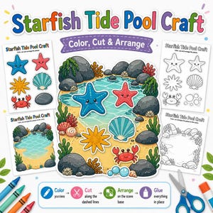 Puede incluir: Un set de manualidades Starfish Tide Pool Craft con ilustraciones coloridas de una escena de playa con una estrella de mar azul, una roja, un erizo amarillo, una concha y un cangrejo, junto a páginas para colorear, tijeras y ceras.