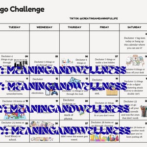May include: A white Decluttering Bingo Challenge calendar for August 2026 with a grid of daily tasks, small illustrations, and the text "Remember that one thing is better than nothing" and "This is just a fun way to keep us accountable."