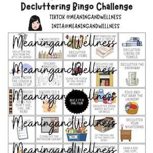 May include: A September 2026 Decluttering Bingo Challenge card featuring a grid of twenty-five squares with various household tasks, illustrations, and text. The header includes social media handles for Meaning and Wellness.