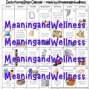 May include: A September 2026 Decluttering Bingo Calendar by MeaningandWellness. The grid features daily tasks with illustrations and text, such as discarding expired meds, cleaning desks, and sorting linens, organized in a monthly layout.