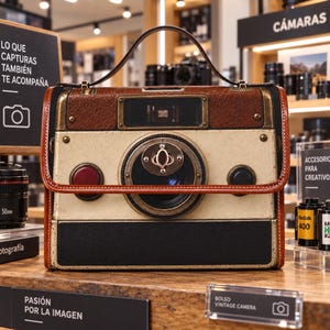 Könnte beinhalten: Eine rechteckige Handtasche im Design einer Vintage-Kamera mit braunem, strukturiertem Oberteil, einem cremefarbenen Mittelteil mit einem zentralen, linsenförmigen Verschluss und einer schwarzen Basis. Sie verfügt über einen braunen Tragegriff.