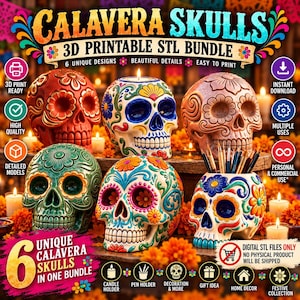 Puede incluir: Un paquete digital de seis archivos STL imprimibles en 3D que presentan calaveras con intrincados patrones florales y de volutas. Los diseños incluyen varios objetos con forma de calavera como portavelas y portalápices.