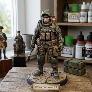 May include: A hand-painted miniature figurine of a soldier in olive green tactical gear, including a helmet, chest rig, and knee pads. The figure stands on a cracked earth base with a plaque reading RECON OPERATIVE 47, holding a small tool.
