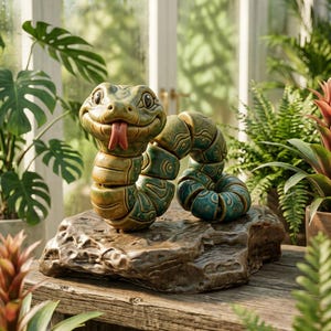 May include: A segmented ceramic snake figurine with a glossy green and brown finish, featuring a raised head with a protruding red tongue, resting on a textured brown rock-shaped base. The snake has a curved body with detailed patterns.