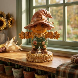 May include: A decorative scarecrow figurine featuring a brown hat with stitched details, a round orange face with button eyes, and a stitched smile. The figure wears green overalls with patches and stands on a circular base resembling a hay bale.