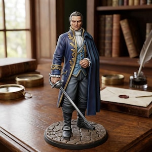 May include: A figurine of a person dressed in an 18th-century style blue coat with gold embroidery, a light blue vest, a white cravat, and dark trousers. The figure stands on a stone-textured base, holding a silver-colored sword in one hand.