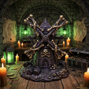 May include: A dark purple windmill sculpture featuring blades constructed from human-like bones, a skull and crossbones emblem on the front facade, and a stone-textured base. The structure is surrounded by lit candles and a treasure chest.
