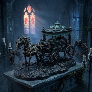 May include: A dark-toned, detailed miniature model of a horse-drawn hearse carriage. The skeletal horse pulls a black carriage with teal-colored accents and a roof canopy. The entire structure is mounted on a textured, uneven base.