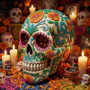 Mexikansk Calavera Skull STL | 3D-utskrift Día de los Muertos Dekor | Konstnärlig skalleskulptur | Digital STL-fil