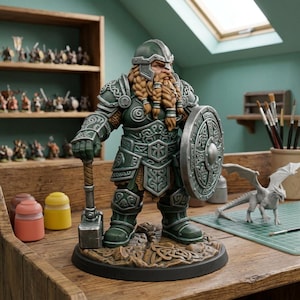 May include: A painted miniature figurine of a dwarf warrior wearing dark green armor with silver trim, a horned helmet, and a braided beard. The figure holds a large silver hammer in one hand and a round silver shield in the other, standing on a base.