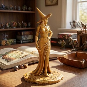 Figurine de sorcière glamour debout avec chapeau à larges bords, fichier STL pour impression 3D