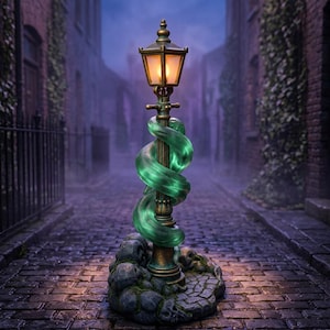Puede incluir: Una farola decorativa con acabado en color bronce y una linterna brillante en la parte superior. Una forma translúcida y serpenteante de color verde se enrosca alrededor del poste central. La base tiene textura de adoquines y rocas musgosas.