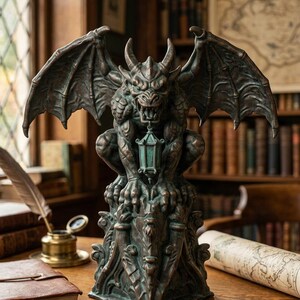 Puede incluir: Una estatua de gárgola en tonos bronce con grandes alas extendidas, cuernos afilados y expresión de boca abierta. La criatura está posada sobre un pedestal ornamentado de estilo gótico y sostiene un pequeño farol colgante entre sus garras.