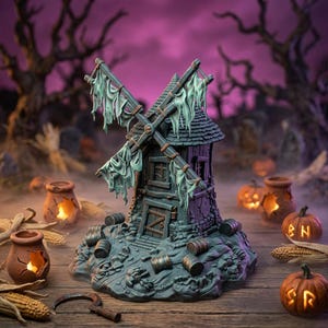 May include: A miniature dark gray windmill with tattered, light green fabric sails, featuring a wooden door and windows. The base is surrounded by small barrels, and the scene includes carved pumpkins with glowing lights and corn cobs.