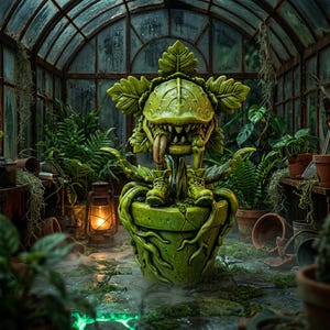 Peut inclure: Une sculpture de plante carnivore anthropomorphe verte avec des dents pointues et une langue saillante, assise dans un pot en céramique fissuré. La plante présente des appendices feuillus et porte de petites bottes dans une serre rustique.