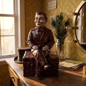 May include: A ventriloquist dummy with a painted brown finish, wearing a matching suit and bowtie, sits cross-legged on a dark brown vintage-style trunk. The figure has a distinct jawline seam, a smooth hairstyle, and a neutral, fixed facial expression.