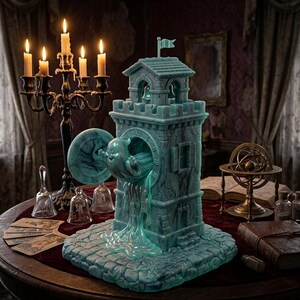 May include: A light teal, wax-like clock tower sculpture featuring a smiling ghost emerging from the clock face, with a liquid-like substance flowing from the opening onto a stone-textured base, topped with a small flag on the roof.