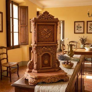 Peut inclure: Une horloge en bois sculpté marron dotée d'un cadre rectangulaire orné de volutes et de motifs floraux complexes. Le cadran affiche des chiffres romains et un relief central, tandis que la partie inférieure présente un détail de pendule.