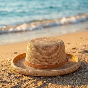 Puede incluir: Un sombrero de paja trenzada de color beige con copa plana y ala ancha ligeramente curvada hacia arriba. El sombrero presenta una banda de cuero liso de color marrón claro alrededor de la base de la copa, con un pequeño detalle metálico centrado.