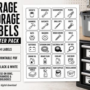 May include: A set of 24 black and white garage storage labels featuring icons and text for tools and supplies like sockets, wrenches, hammers, and drill bits. The labels are displayed on a white sheet and applied to storage bins and drawers.