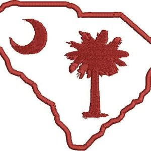 May include: A red outline of the state of South Carolina with a red crescent moon and a red palmetto tree inside.