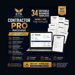 Op de afbeelding: Een digitaal professioneel pakket voor aannemers met 34 bewerkbare sjablonen in Word- en PDF-formaat. De afbeelding toont een laptop en tablet met offertes en contracten, met gouden en witte tekst op een donkerblauwe achtergrond.