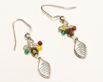 Cute Silver Leaf Dangle Earrings with Bright Agate Cluster