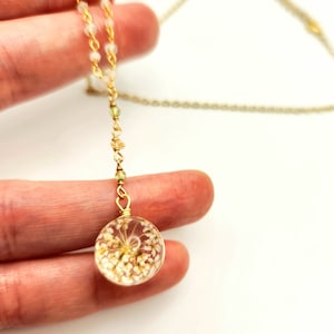 Pretty Gold Flower Terrarium Pendant Necklace with Rainbow Moonstone Gemstones