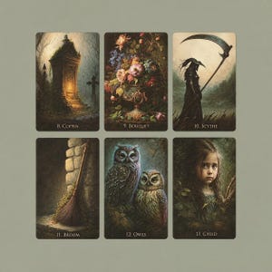 May include: Six rectangular oracle cards arranged in two rows. The cards feature illustrations labeled 8. Coffin, 9. Bouquet, 10. Scythe, 11. Broom, 12. Owls, and 13. Child. Each card displays a detailed, atmospheric scene with muted, earthy tones.