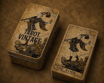 Könnte beinhalten: Eine rechteckige Metalldose und ein Kartendeck mit einer Illustration im Vintage-Stil, die eine Figur mit einem Stab und einem kleinen Hund zeigt. Die Dose ist mit TAROT VINTAGE beschriftet und die oberste Karte trägt den Schriftzug THE FOOL.