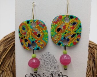 Handmade Colorful Painted Brass and Glass  Dangle Drop Earrings Made with Alcohol Inks and Enamels