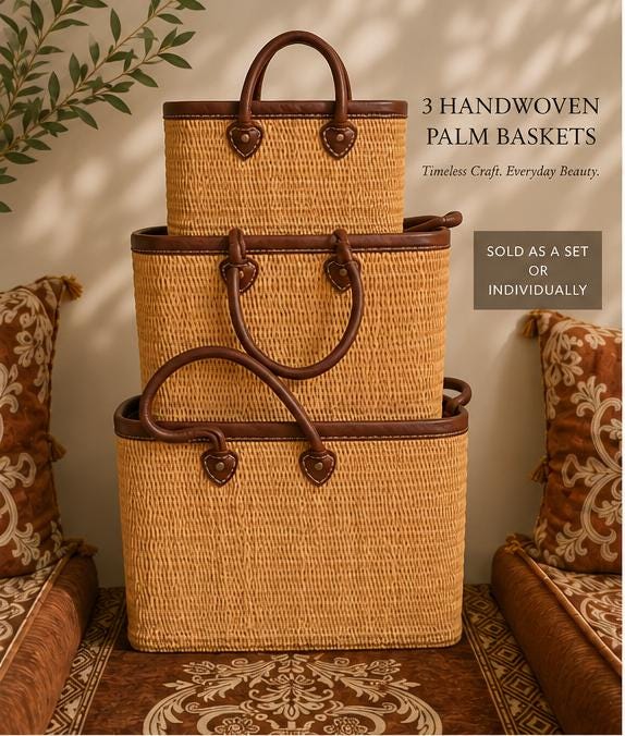 Handwoven Palm Baskets with Leather Handles Moroccan Market Tote Storage Basket